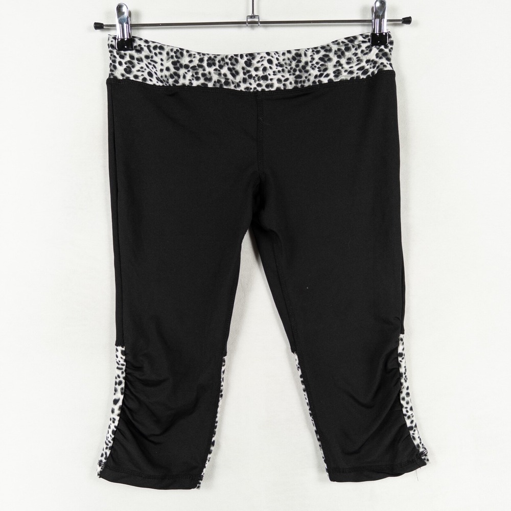 Aviva Cropped Active Legging Womens Sz Medium Black White Leopard Trim Low Rise